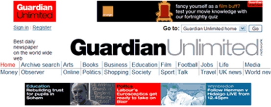 guardian.co.uk dùng quá nhiều khu vực có màu sắc gây sự chú ý.