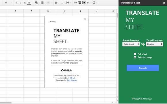 Translate My Sheet có thể dịch một cụm ô trong một bảng biểu gần như ngay lập tức