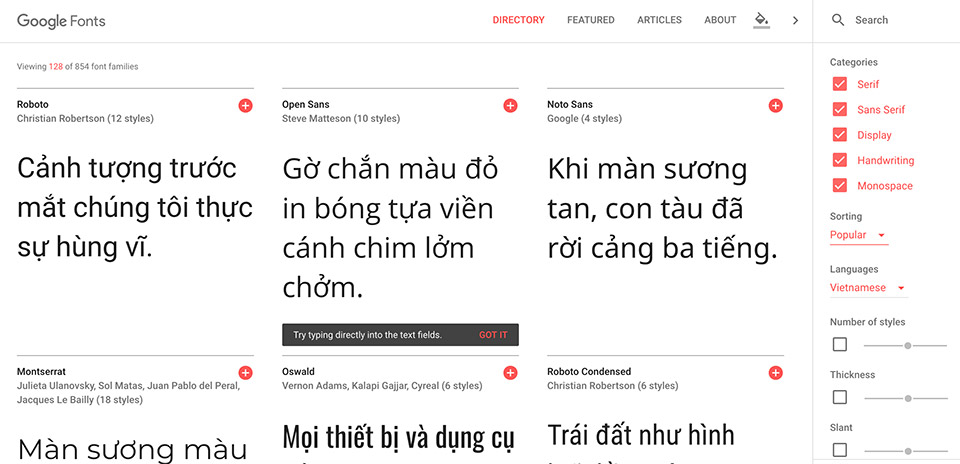 Google Font có khá nhiều font tiếng Việt